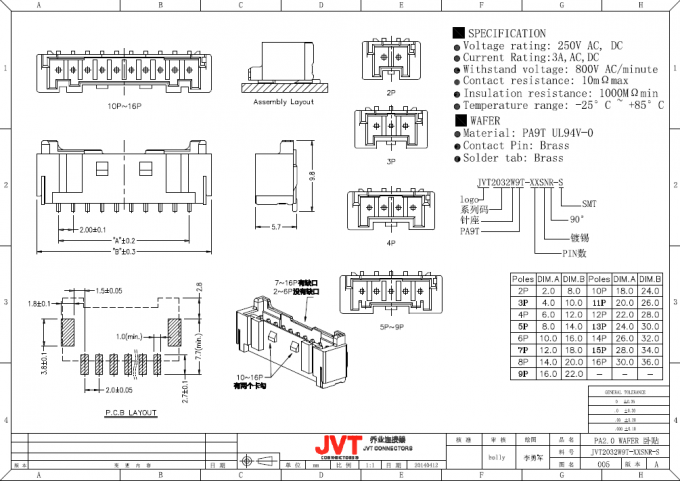 Il PA di JVT connettore del passo da 2,0 millimetri, connettore di stile della piegatura con assicura il dispositivo di bloccaggio
