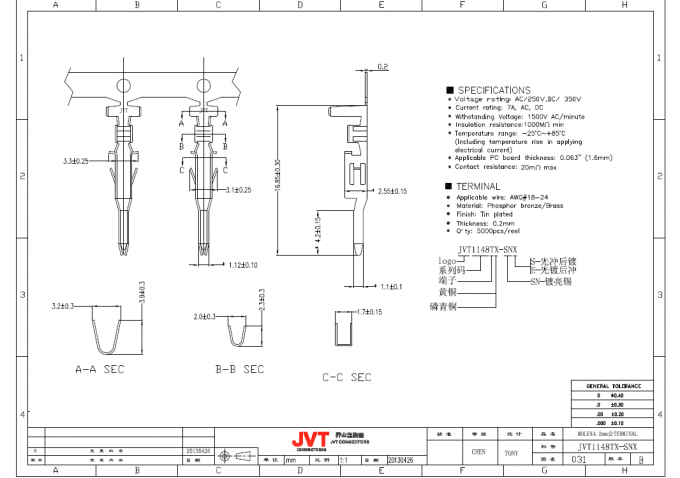 Cavo V-0 del nylon 66 di Pali dei connettori 6 del cavo di JVT 2.0mm per imbarcarsi su uso del connettore