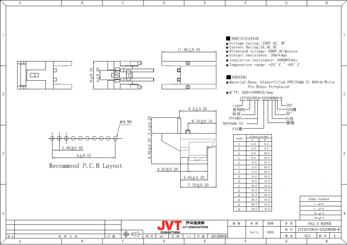 Il PA di JVT connettore del passo da 2,0 millimetri, connettore di stile della piegatura con assicura il dispositivo di bloccaggio